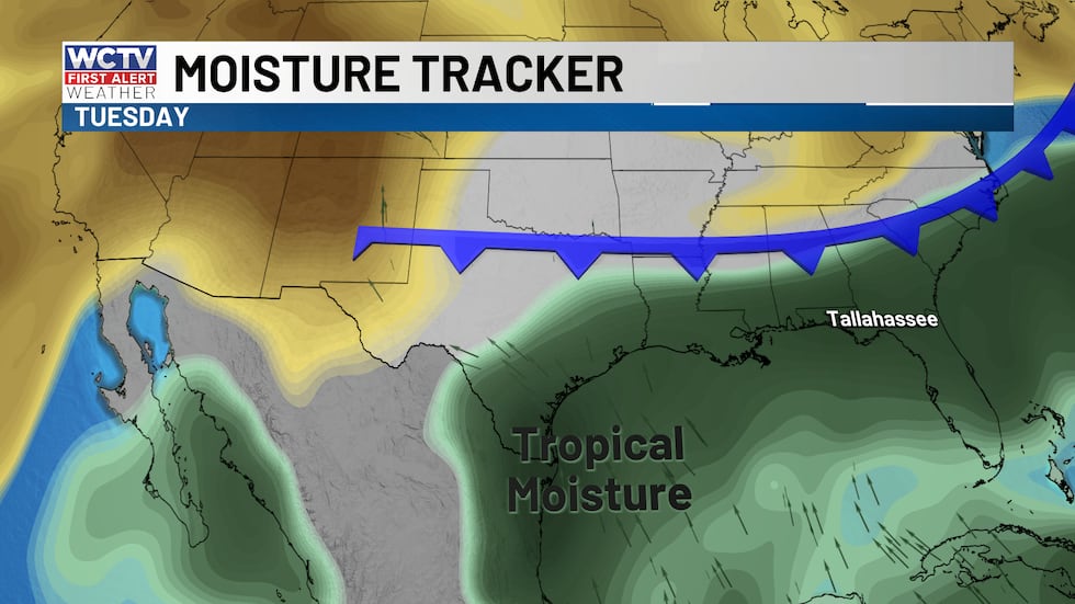 Rain chances peak midweek as tropical moisture meets with a slow-moving cold front.