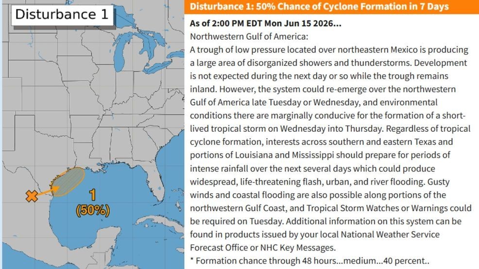 Identified by the NHC as “Disturbance 1,” it currently carries a 40% chance of formation within the next 48 hours and a 50% chance within the next seven days. While the system is not expected to organize in the immediate term, conditions could become more favorable as it tracks toward the northwestern Gulf later this week. (NHC)