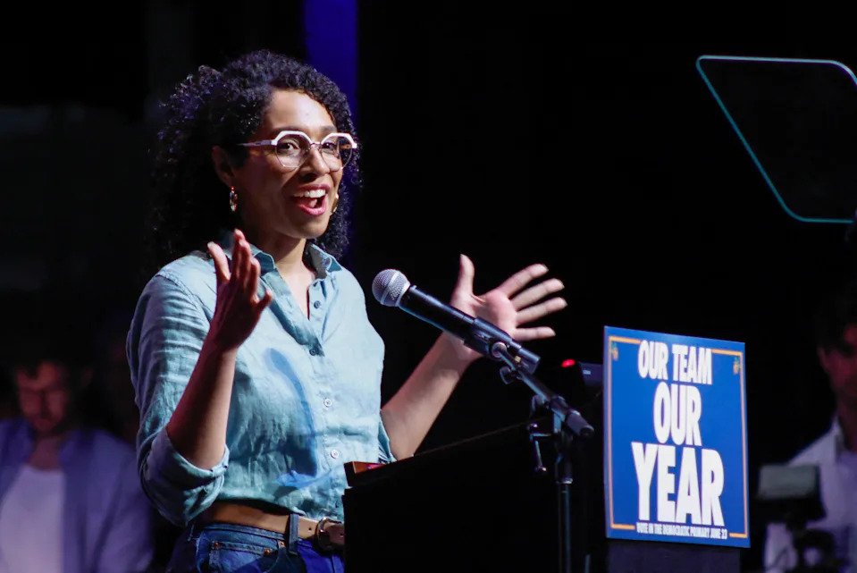 Democratic congressional candidate Darializa Avila Chevalier speaks during the "Our Team, Our Year" Get Out The Vote (GOTV) rally at the Kings Theatre in Brooklyn, New York, on June 18, 2026.