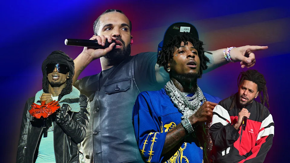 Playboi carti, Yeat, Drake and J. Cole are depicted: Yeat is wearing a mask, Carti with a headscarf and sunglasses, Youngboy in a blue outfit with chains, and Cole in a red jacket. These are the hottest rappers.