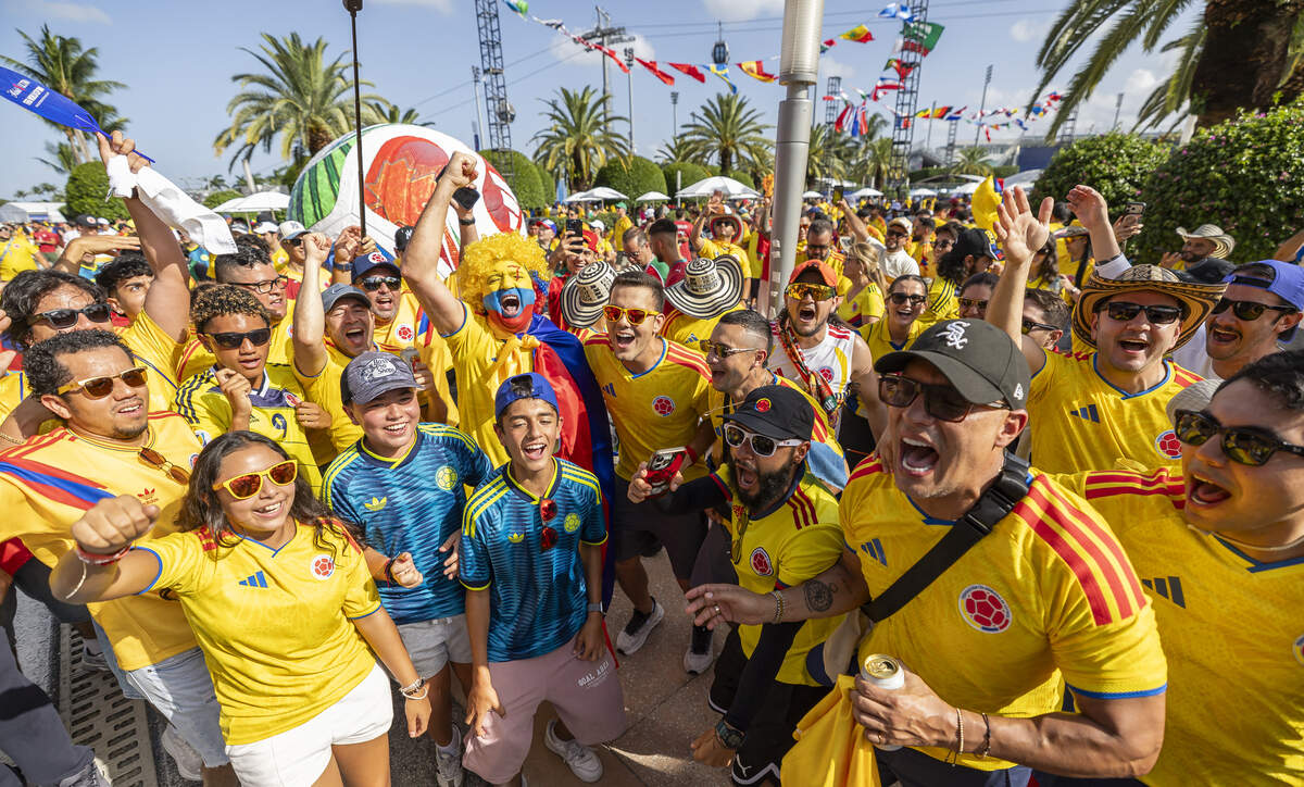 Colombia fans cheer as they arrive to watch their team play against Portugal in their World Cup Group K soccer match at Hard Rock Stadium (Miami Stadium) on Saturday, June 27, 2026, in Miami Gardens, Fla.