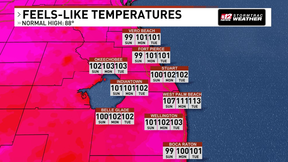 Heat index values will be in the 100s today across the area. (WPEC)