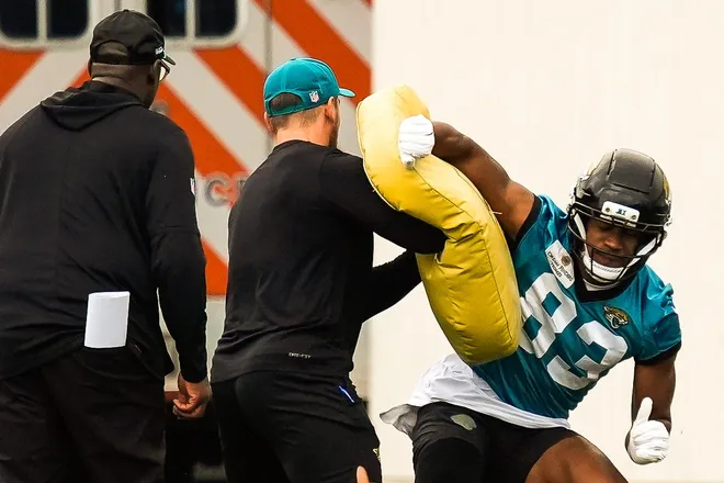 Jacksonville Jaguars wide receiver Ben Patterson (83) runs a drill during the second day of minicamp at the Miller Electric Center, Wednesday, June 10, 2026, in Jacksonville. [Doug Engle/Florida Times-Union]