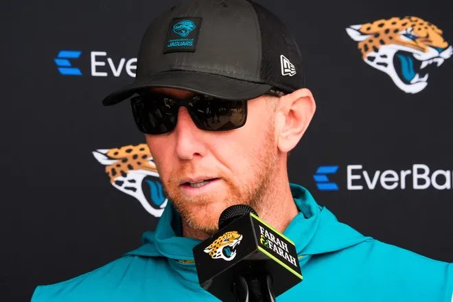 Jacksonville Jaguars head coach Liam Coen talks during a press conference after the second day of minicamp at the Miller Electric Center, Wednesday, June 10, 2026, in Jacksonville. [Doug Engle/Florida Times-Union]
