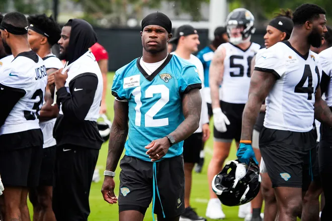 Jacksonville Jaguars wide receiver Travis Hunter (12) walks off the field after the second day of minicamp at the Miller Electric Center, Wednesday, June 10, 2026, in Jacksonville. [Doug Engle/Florida Times-Union]