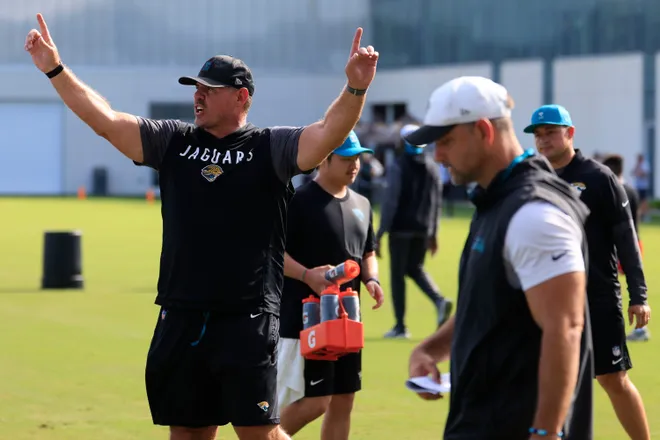 Jacksonville Jaguars defensive line coach Matt Edwards calls a play during the third day of minicamp at the Miller Electric Center, Thursday, June 11, 2026, in Jacksonville, Fla.