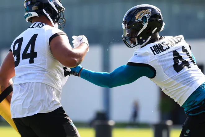 Jacksonville Jaguars defensive end Josh Hines-Allen (41) drills on defensive lineman T.J. Bollers (94) during the third day of minicamp at the Miller Electric Center, Thursday, June 11, 2026, in Jacksonville, Fla.