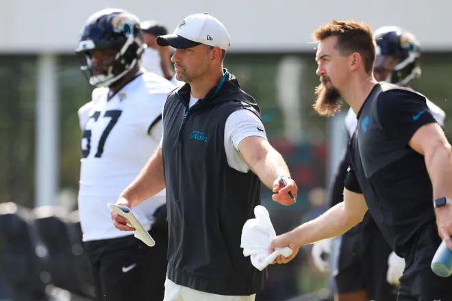 Jacksonville Jaguars defensive coordinator Anthony Campanile looks on during the third day of minicamp at the Miller Electric Center, Thursday, June 11, 2026, in Jacksonville, Fla.