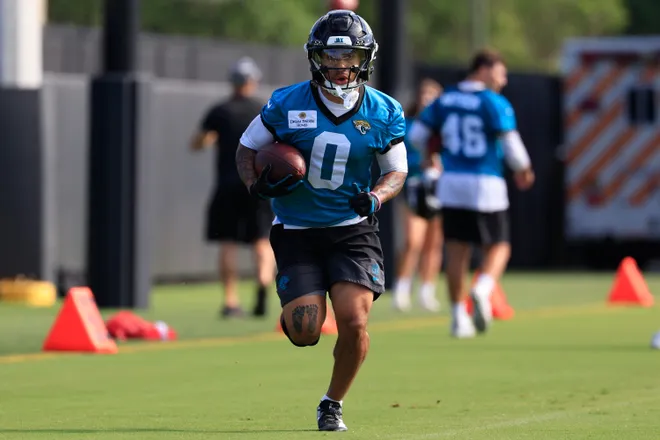Jacksonville Jaguars wide receiver Michael Wortham (0) runs the ball during the third day of minicamp at the Miller Electric Center, Thursday, June 11, 2026, in Jacksonville, Fla.