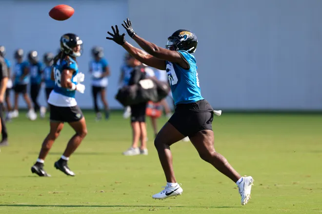 Jacksonville Jaguars wide receiver Joshua Cephus (80) catches a pass during the third day of minicamp at the Miller Electric Center, Thursday, June 11, 2026, in Jacksonville, Fla.