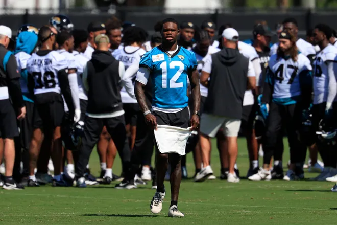 Jacksonville Jaguars wide receiver/cornerback Travis Hunter (12) walks off the field during the third day of minicamp at the Miller Electric Center, Thursday, June 11, 2026, in Jacksonville, Fla.