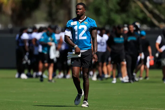 Jacksonville Jaguars wide receiver/cornerback Travis Hunter (12) walks off the field during the third day of minicamp at the Miller Electric Center, Thursday, June 11, 2026, in Jacksonville, Fla.