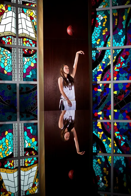 First Baptist sophomore, Emily Lines, 16, poses for a portrait on Wednesday March 13, 2013. Emily averaged 17.5 points and 8 rebounds a game.