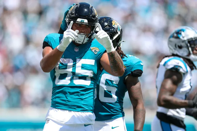 Sep 7, 2025; Jacksonville, Florida, USA; Jacksonville Jaguars tight end Brenton Strange (85) reacts after a play against the Carolina Panthers in the first quarter at EverBank Stadium. Mandatory Credit: Nathan Ray Seebeck-Imagn Images