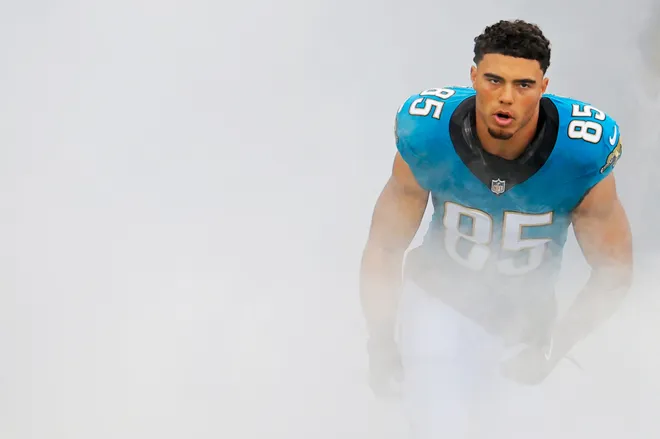 Jacksonville Jaguars tight end Brenton Strange (85) is introduced an NFL football game at EverBank Stadium, Sunday, Dec. 7, 2025, in Jacksonville, Fla. The Jaguars defeated the Colts 36-19.