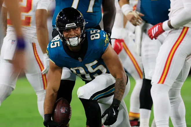 Jacksonville Jaguars tight end Brenton Strange (85) gets to his feet during the first quarter of an NFL football matchup at EverBank Stadium, Monday, Oct. 6, 2025, in Jacksonville, Fla. The Jacksonville Jaguars edged the Kansas City Chiefs 31-28. [Corey Perrine/Florida Times-Union]