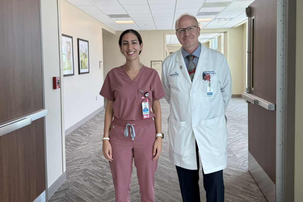 Dr. Walter Hayne (right), a breast surgeon with AdventHealth Medical Group, will begin seeing patients July 7 as AdventHealth Apopka expands access to breast surgery services for Apopka-area residents. Standing with him is Angela Bateh, PA-C.