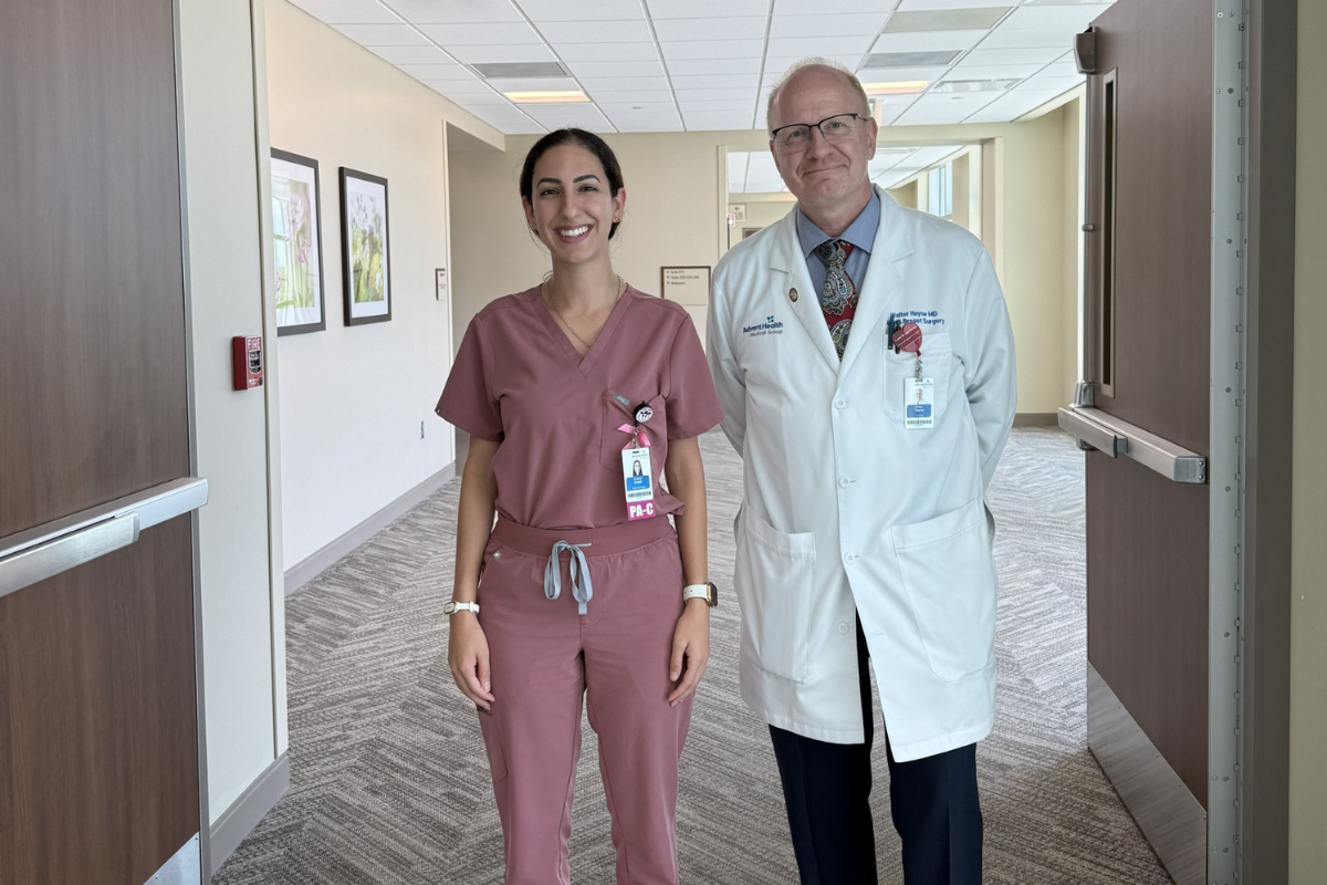 Dr. Walter Hayne (right), a breast surgeon with AdventHealth Medical Group, will begin seeing patients July 7 as AdventHealth Apopka expands access to breast surgery services for Apopka-area residents. Standing with him is Angela Bateh, PA-C.