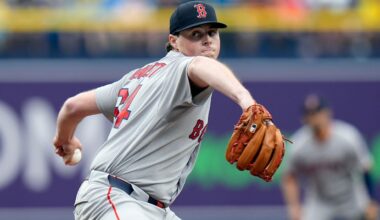 Boston Red Sox pitcher Jake Bennett goes into his delivery against the Tampa Bay Rays during the first inning of a baseball game Wednesday, June 10, 2026, in St. Petersburg, Fla. (AP Photo/Chris O'Meara)