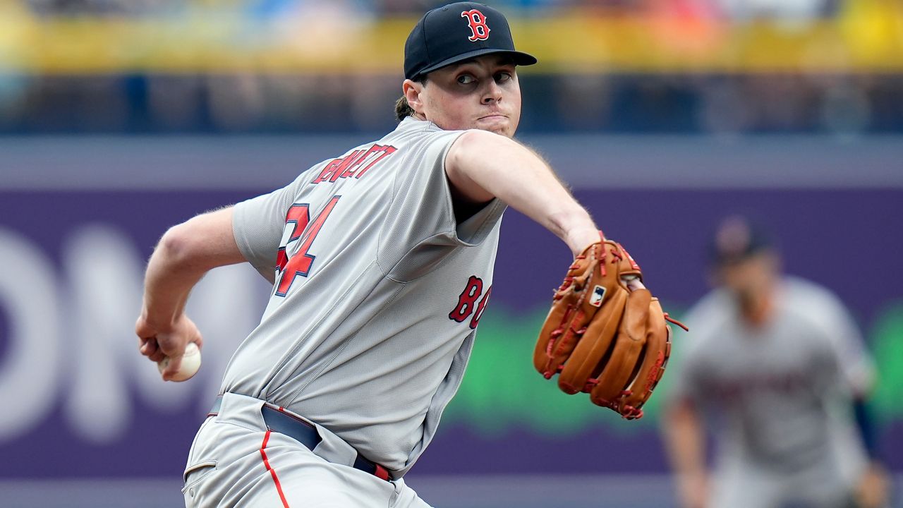 Boston Red Sox pitcher Jake Bennett goes into his delivery against the Tampa Bay Rays during the first inning of a baseball game Wednesday, June 10, 2026, in St. Petersburg, Fla. (AP Photo/Chris O'Meara)
