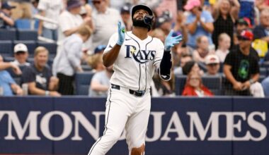 Tampa Bay Rays' Junior Caminero celebrates as he rounds the bases after his home run during the fifth inning of a baseball game against the Arizona Diamondbacks, Sunday, June 28, 2026, in St. Petersburg, Fla. (AP Photo/Jason Behnken)