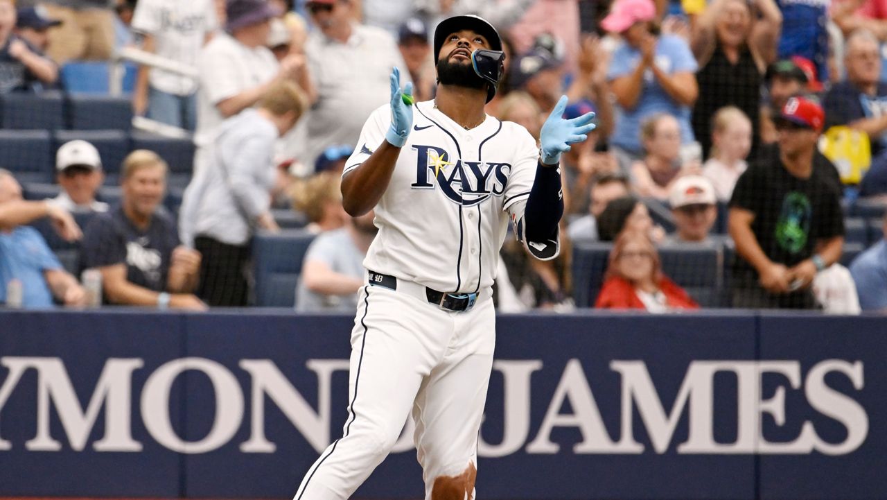 Tampa Bay Rays' Junior Caminero celebrates as he rounds the bases after his home run during the fifth inning of a baseball game against the Arizona Diamondbacks, Sunday, June 28, 2026, in St. Petersburg, Fla. (AP Photo/Jason Behnken)