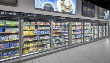 The frozen food cooler at Aldi.