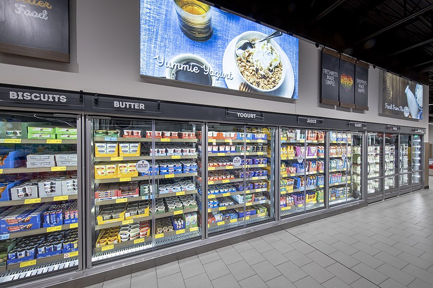 Aldi carries refrigerated items including butter, cheese, milk and more. Aldi carries refrigerated items including butter, cheese, milk and more.