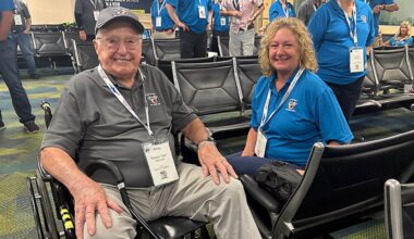 Jim Kalivoda and his daughter, Lynn, prepare to take off on Honor Flight of West Central Florida's Mission 57 (Angie Angers).