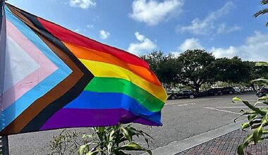 A pride flag blows in the wind outside of a restaurant on Beach Drive in downtown St. Pete. (Spectrum News/Angie Angers)