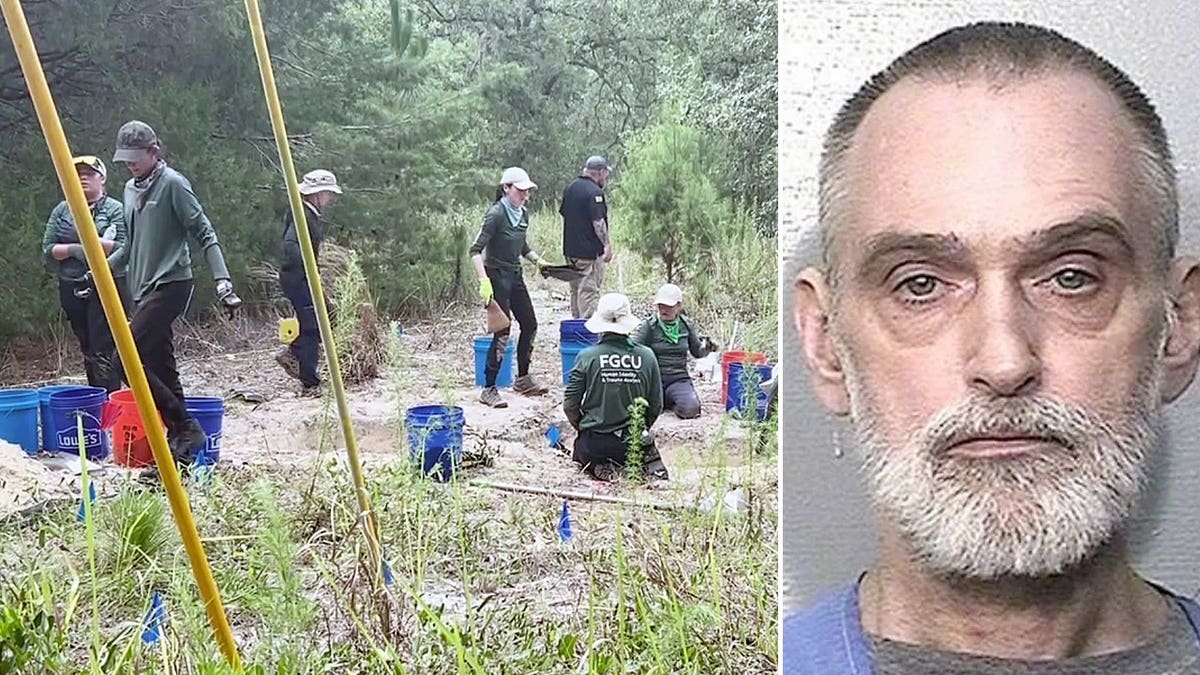 CompositComposite image showing investigators searching a wooded property alongside a mugshot of Billy Mansfield.e image showing investigators searching a wooded property alongside a mugshot of Billy Mansfield.
