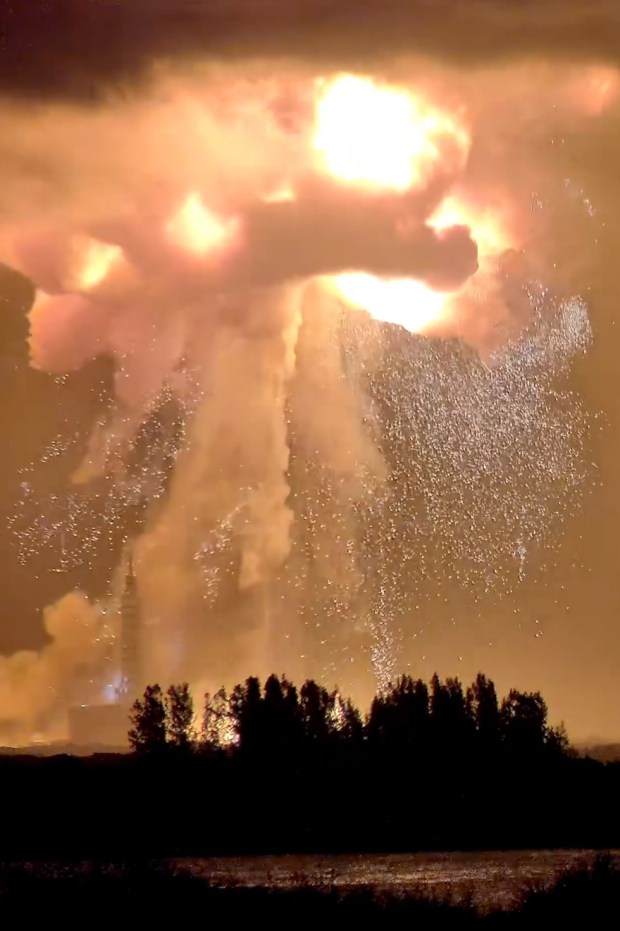 A Blue Origin New Glenn rocket explodes during an engine-firing test on Thursday, May 28, 2026, in Cape Canaveral, Fla. (@JConcilus via AP)