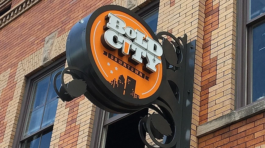 The sign for Bold City Brewery hangs from the building in Downtown Jacksonville.