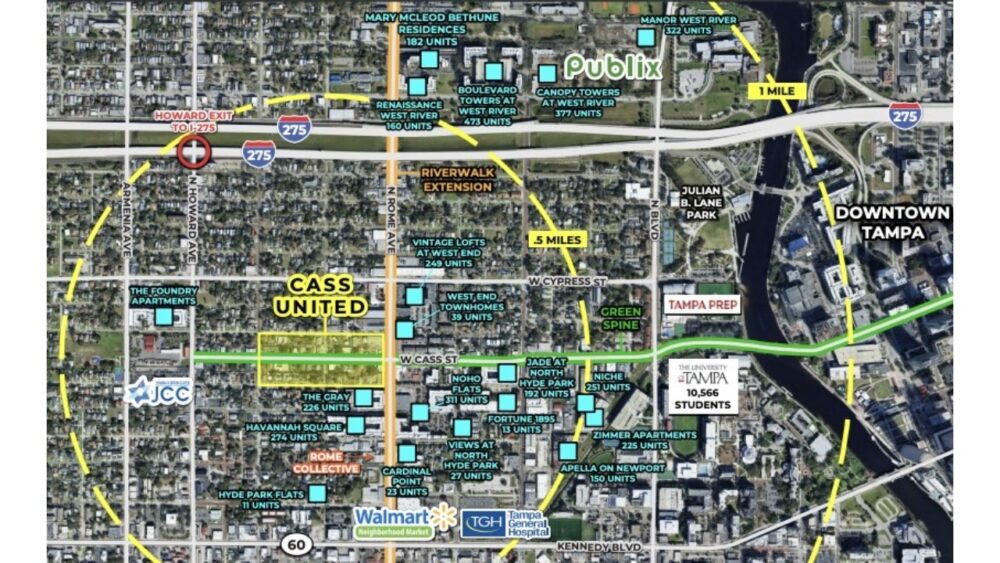 Map showing Cass United and nearby apartments, West River and downtown Tampa.
