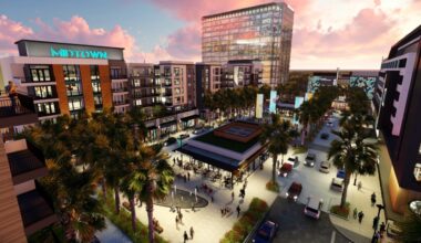 An aerial rendering of Midtown Tampa showing its mixed-use development with apartments, office buildings, retail space, restaurants and a central pedestrian plaza.