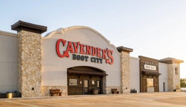 Exterior of a Cavender’s Boot City western wear store with stone columns, large storefront signage and a front parking lot.