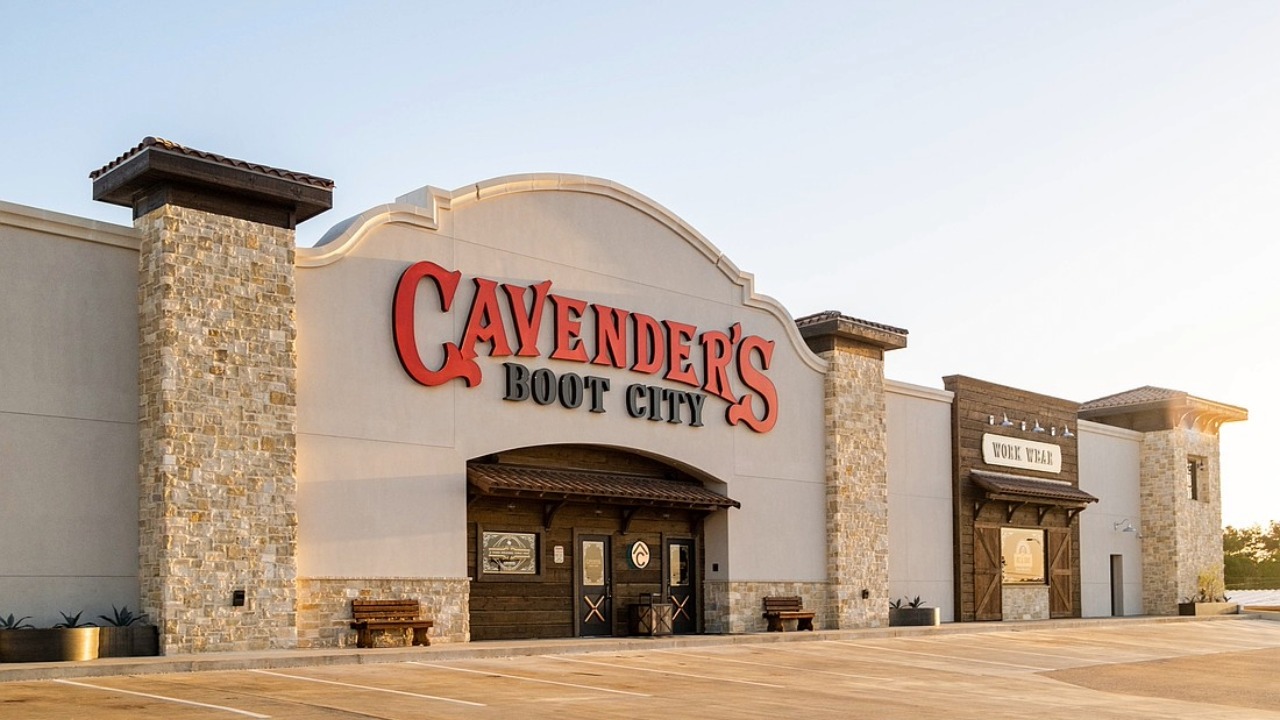 Exterior of a Cavender’s Boot City western wear store with stone columns, large storefront signage and a front parking lot.