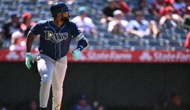 Tampa Bay Rays' Junior Caminero watches his home run during the eighth inning of a baseball game against the Los Angeles Angels, Sunday, June 14, 2026, in Anaheim, Calif. (AP Photo/William Liang)
