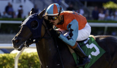 Closely cropped headshot of Florida-bred Thoroughbred Chicken Dance and jockey Diego Herrera galloping to the wire, outlasting competition to win the 2026 Not Surprising at Gulfstream Park. (Photo: ©G Sonny Hughes)