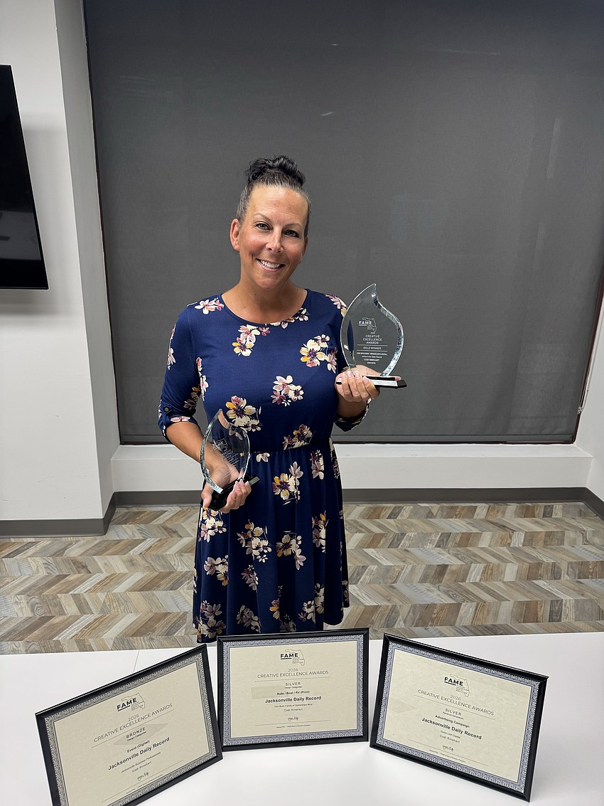 Jacksonville Daily Record graphic designer Codi Rinehart won two first-place awards and five total awards in the 2026 Florida Advertising Media Executives Creative Excellence Contest. Jacksonville Daily Record graphic designer Codi Rinehart won two first-place awards and five total awards in the 2026 Florida Advertising Media Executives Creative Excellence Contest.