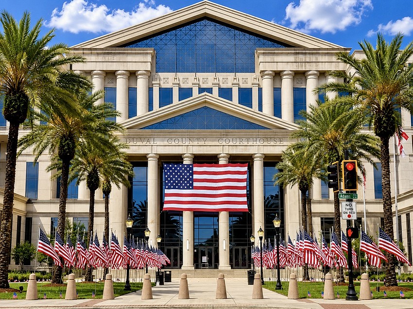 The entrance to the Duval County Courthouse at 501 W. Adams St. Downtown is decorated for America’s 250th anniversary
July 4. The entrance to the Duval County Courthouse at 501 W. Adams St. Downtown is decorated for America’s 250th anniversary
July 4.