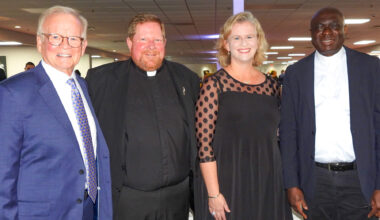Jerry Weedon with Father Jason Trull, Lauren Weedon and Father Sebastian Musa
