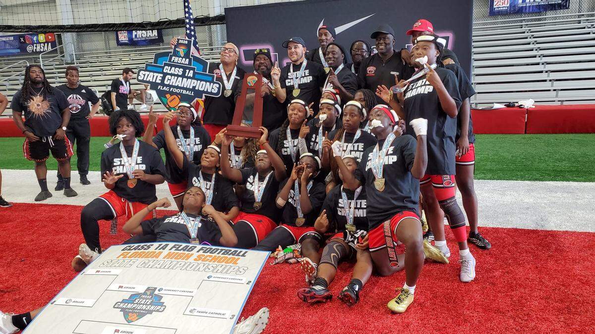 The Miami Edison flag football team celebrates after winning their second consecutive state championship on Saturday at the Advent Health Training Center in Tampa, Fla. The Miami Edison flag football team celebrates after winning their second consecutive state championship on Saturday at the Advent Health Training Center in Tampa, Fla.