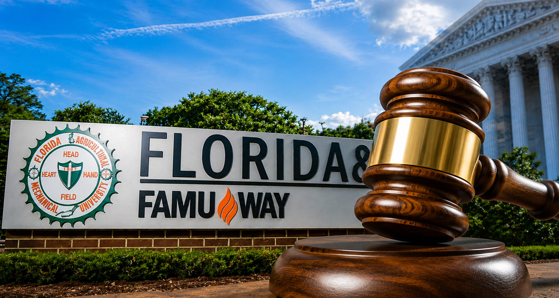 FAMU campus background gavel forefront appeals court decision on underfunding lawsuit $2 billion
