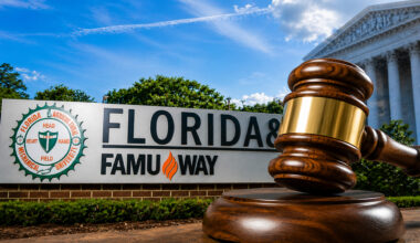 FAMU campus background gavel forefront appeals court decision on underfunding lawsuit $2 billion