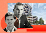 Constellation's Eduardo Otaola and Boschetti's Jose Boschetti with rendering of proposing a 15-story, mixed-use luxury rental project (LinkedIn, Boschetti Group, Arquitectonica, Getty)