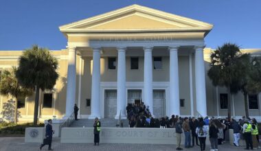 FILE - People gather outside the Florida Supreme Court, Feb. 7, 2024, in Tallahassee, Fla. (AP Photo/Brendan Farrington, File)