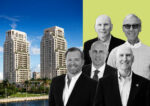 Two Roads Development’s Taylor Collins and Reid Boren and Frisbie Group’s Dave, Rick and Robert Frisbie Sr. with a rendering of South Flagler House