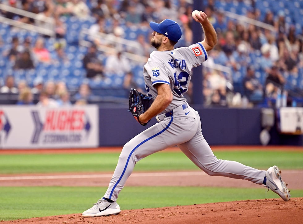 Kansas City Royals pitcher Michael Wacha throws during the first inning of a baseball game...