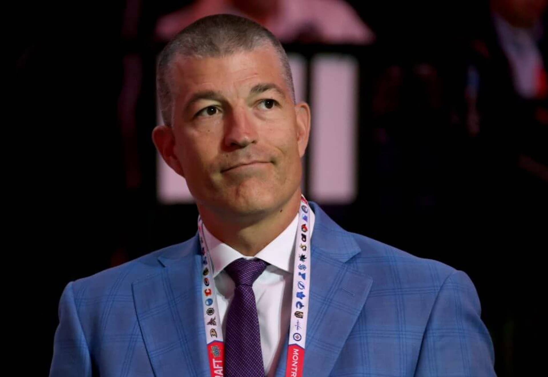General manager Julien BriseBois of the Tampa Bay Lightning looks on during the 2022 NHL Draft.